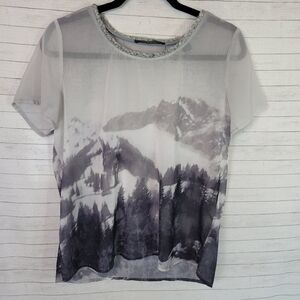 Scotch & Soda Sheer Mountain Print Short Sleeve Top - Gray & White